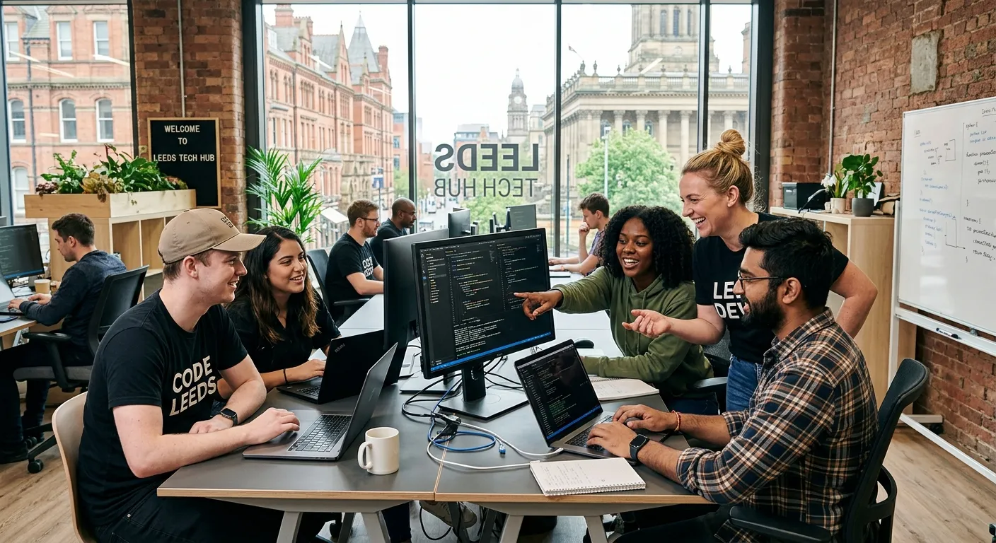 A dynamic, professional photo of a diverse team of developers collaborating in a modern Leeds-based tech office or co-working space, with code visible on screens, conveying energy and expertise.