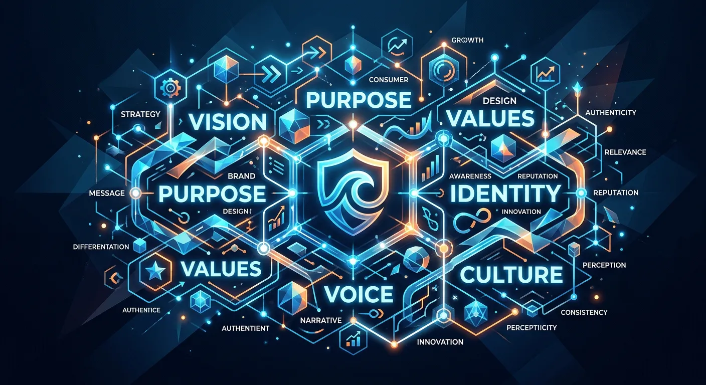A modern, abstract visual representing brand identity. A glowing, interconnected network of geometri... A modern, abstract visual representing brand identity. A glowing, interconnected network of geometric shapes and typography elements on a dark blue background, symbolizing the complex layers of a brand.