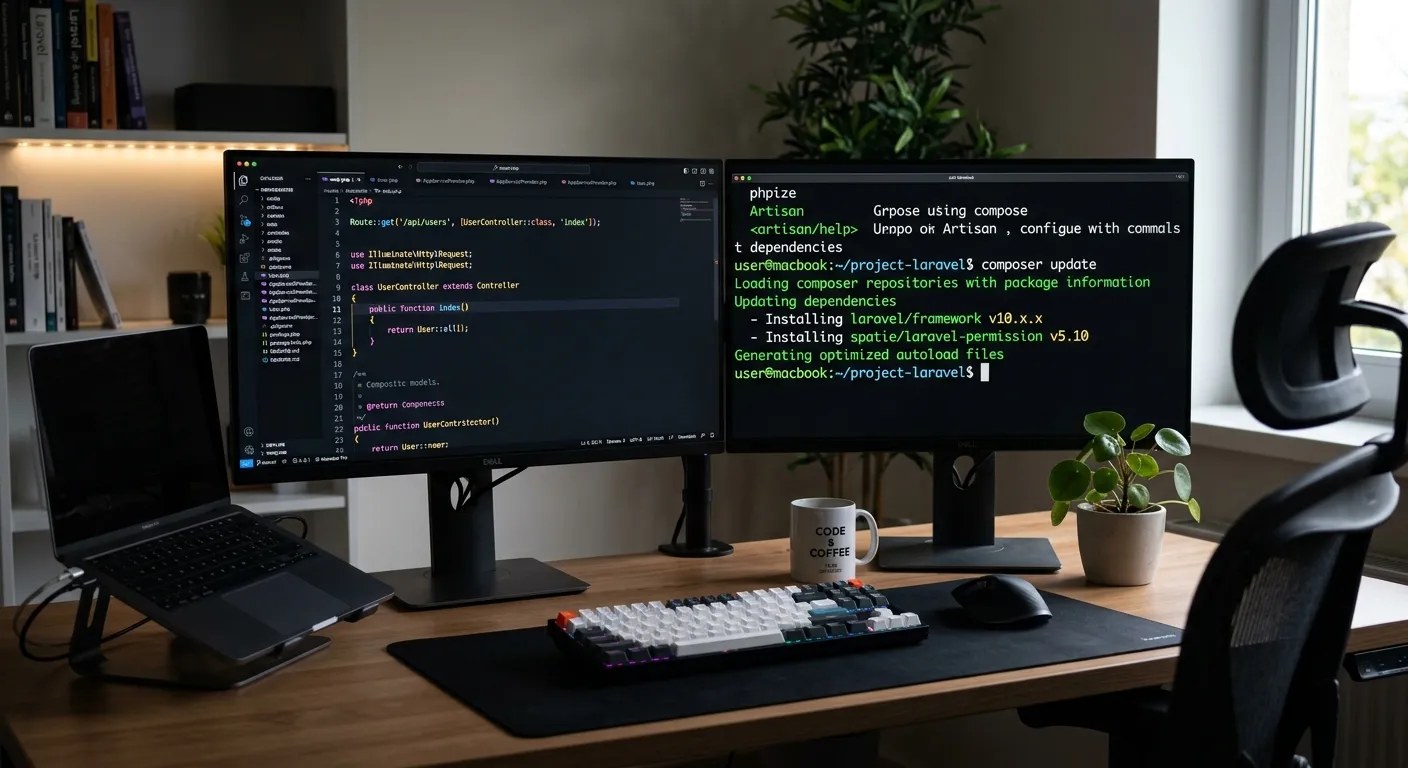 A modern, clean developer workstation with dual monitors displaying Laravel code and package manager interfaces, highlighting a sense of productivity and advanced tooling.
