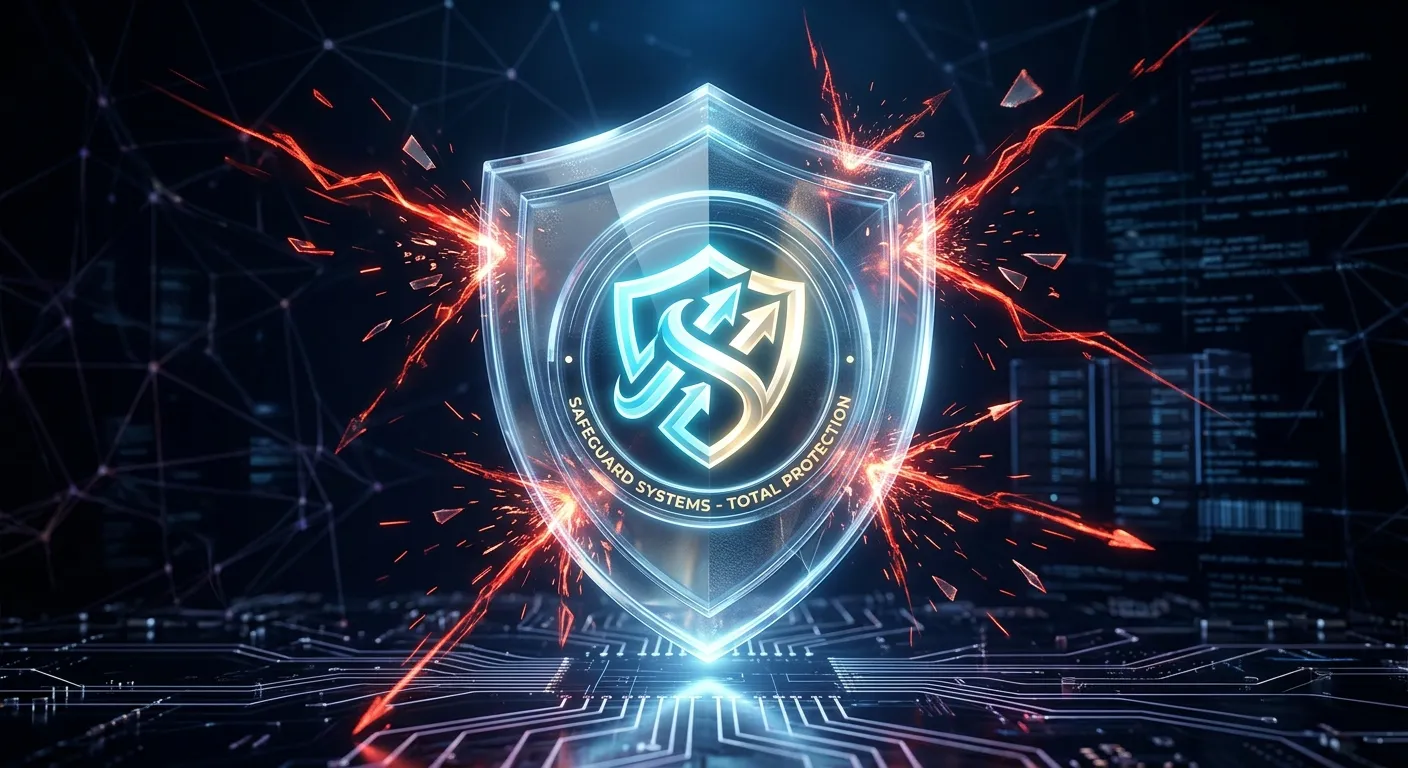 A modern, conceptual hero image showing a transparent shield with a glowing brand logo safely encase... A modern, conceptual hero image showing a transparent shield with a glowing brand logo safely encased within it. The background is a dark, digital landscape with faint, threatening red network lines being deflected. Style: Corporate, sleek, 3D rendered, high-tech.