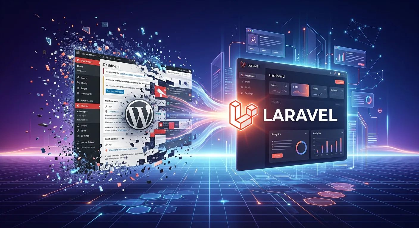 A modern, futuristic digital landscape showing a sleek Laravel logo elegantly integrating with and replacing a cluttered WordPress dashboard. Style: Clean 3D illustration with a dark blue and purple gradient background. Mood: Professional, forward-thinking, and transformative.