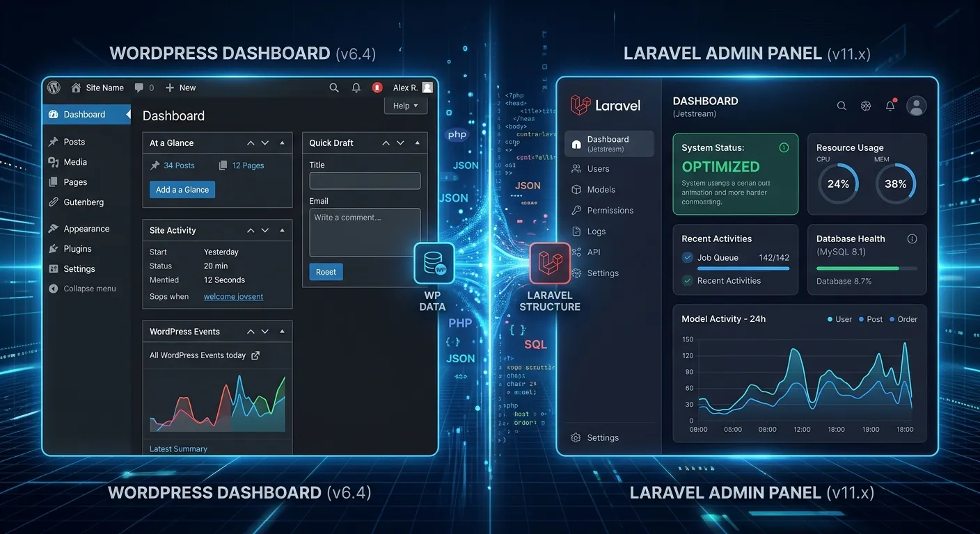 A dynamic, modern digital interface split-screen showing a WordPress dashboard transitioning seamlessly into a sleek, powerful Laravel admin panel, with data streams flowing between them. Style: Futuristic, clean, with a blue and dark theme. Mood: Professional, transformative, powerful.