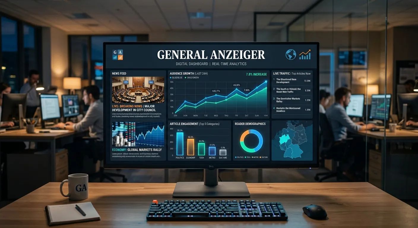 A modern, professional-looking digital newspaper dashboard on a large desktop monitor, overlayed wit... A modern, professional-looking digital newspaper dashboard on a large desktop monitor, overlayed with glowing analytics graphs and a stylized