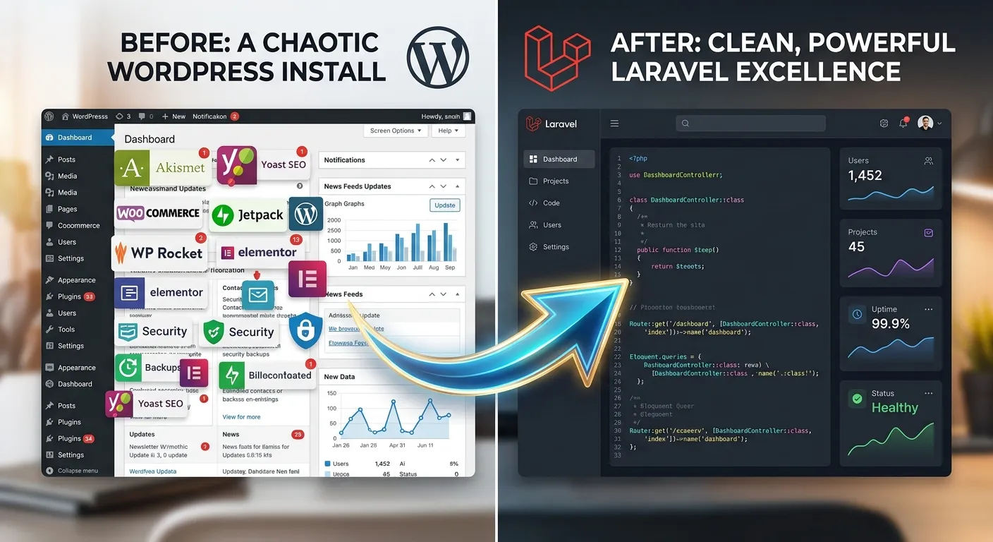 A dynamic, split-screen hero image. Left side shows a cluttered WordPress dashboard with many plugin icons, looking chaotic. Right side shows a clean, elegant Laravel application interface with a sleek dark theme and organized code. A glowing arrow transitions from left to right, symbolizing migration.