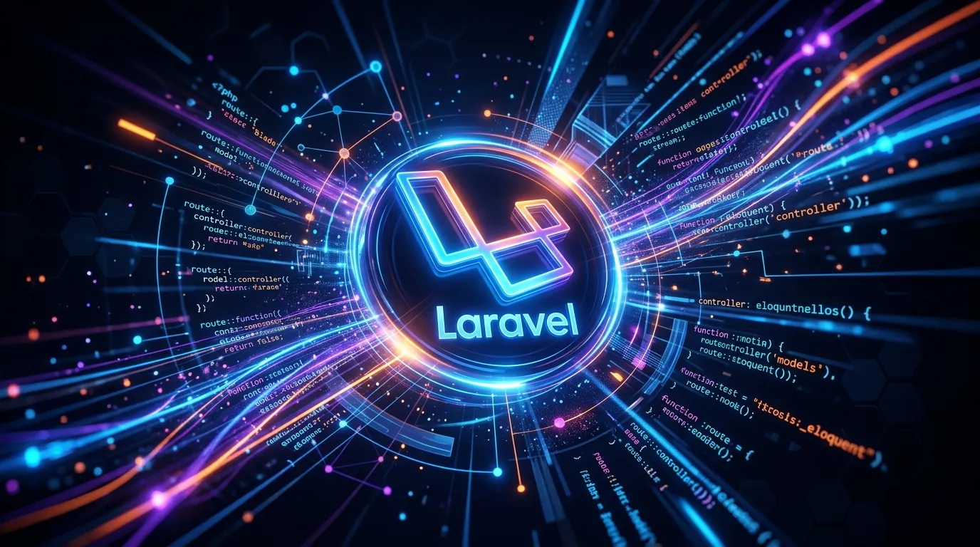 A modern, dynamic hero image showing a glowing Laravel logo at the center, with abstract digital str... A modern, dynamic hero image showing a glowing Laravel logo at the center, with abstract digital streams and code flowing around it, representing speed, structure, and innovation. Dark background with blue and purple accents.