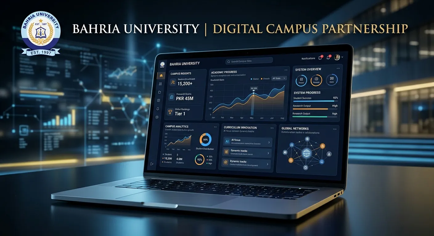 A dynamic, professional hero image showing a sleek, modern dashboard interface on a laptop screen, o... A dynamic, professional hero image showing a sleek, modern dashboard interface on a laptop screen, overlaid with Bahria University's logo and digital campus imagery. Style: Clean, futuristic, high-contrast. Mood: Authoritative, innovative, and technologically advanced.