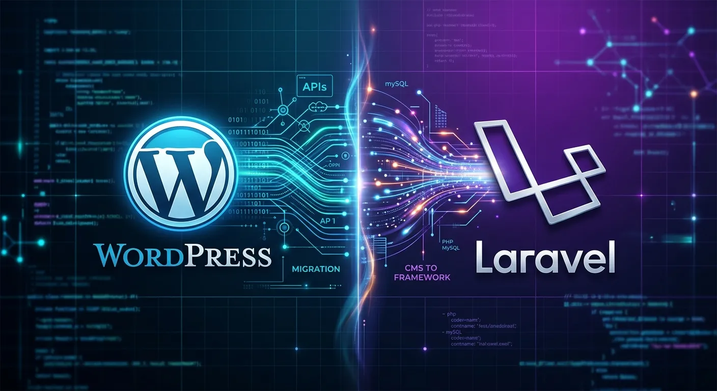 A modern, split-screen graphic showing a stylized WordPress logo on the left transitioning into a sl... A modern, split-screen graphic showing a stylized WordPress logo on the left transitioning into a sleek Laravel logo on the right, with dynamic data streams flowing between them. Style: Clean tech illustration, dark background with vibrant blue and purple accent lights.