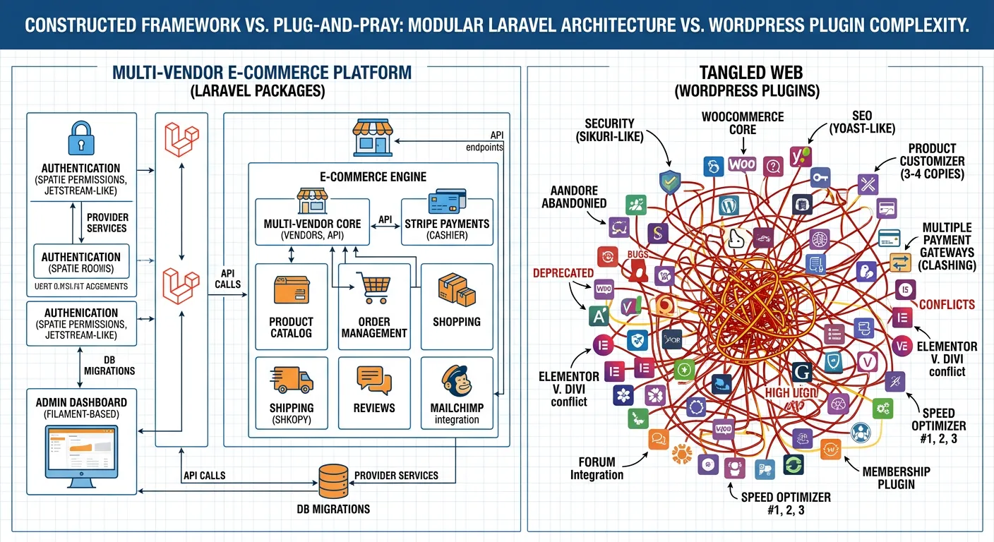 A detailed architectural diagram showing Laravel packages as interconnected building blocks forming... A detailed architectural diagram showing Laravel packages as interconnected building blocks forming a multi-vendor e-commerce platform, contrasted with a tangled web of WordPress plugins.