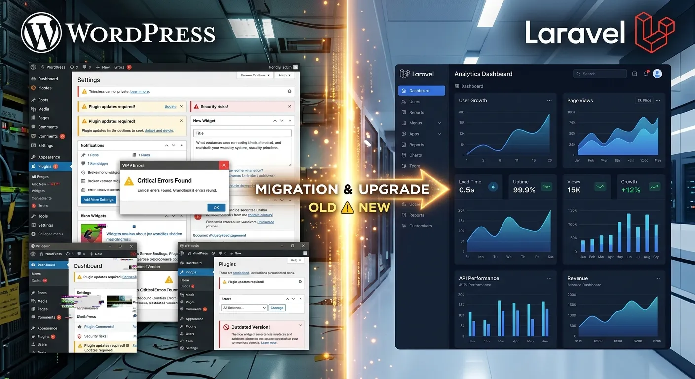 A dynamic split-screen visual. Left side shows a cluttered, glitchy WordPress dashboard with warning... A dynamic split-screen visual. Left side shows a cluttered, glitchy WordPress dashboard with warning icons. Right side shows a clean, modern, high-performance Laravel application interface with smooth graphs and analytics. The transition between the two is illuminated, symbolizing migration and upgrade.