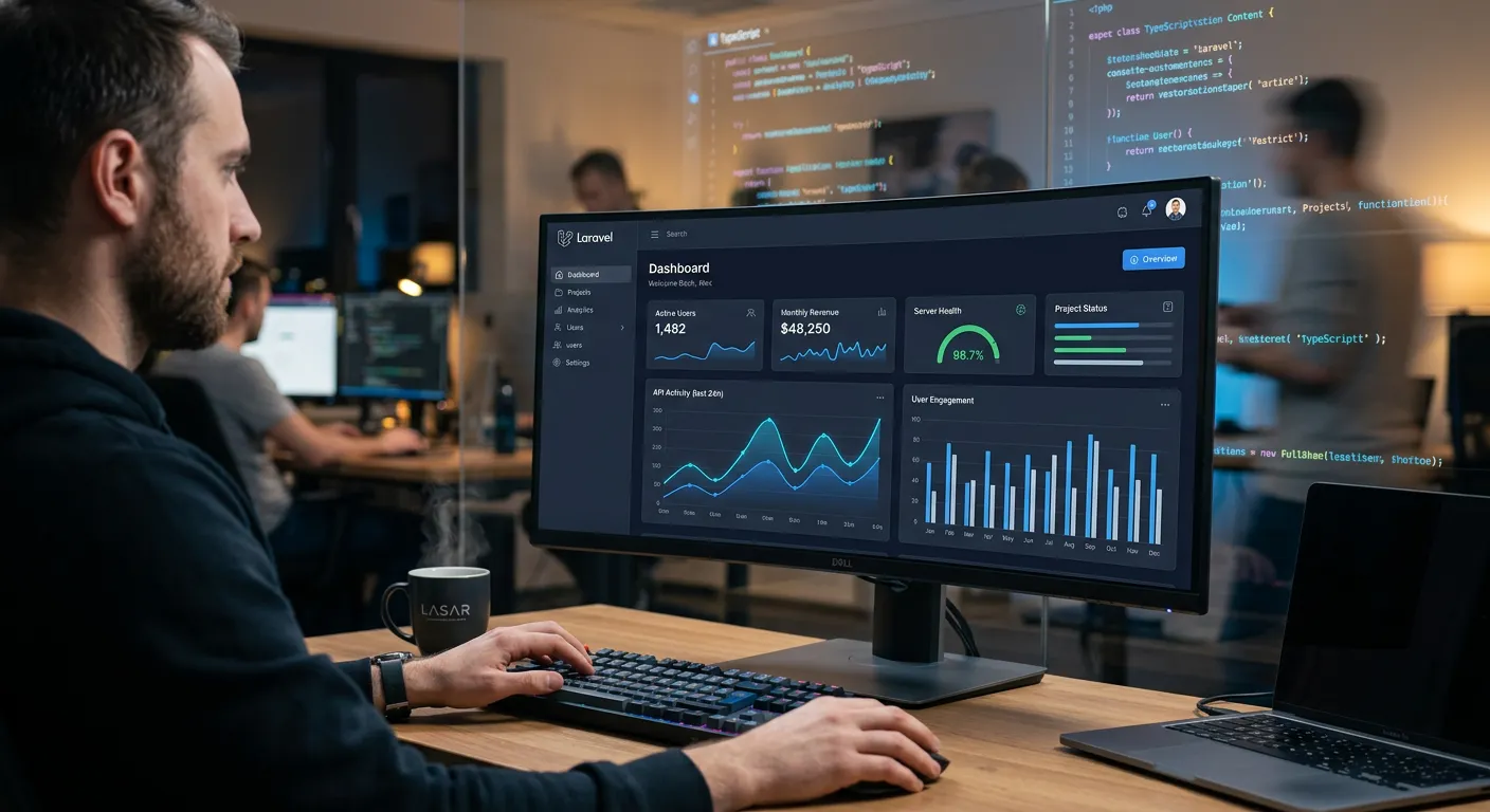 A dynamic, modern hero image showing a sleek Laravel application dashboard on a developer's monitor,... A dynamic, modern hero image showing a sleek Laravel application dashboard on a developer's monitor, with a blurred background of code. The mood is professional, innovative, and forward-thinking.