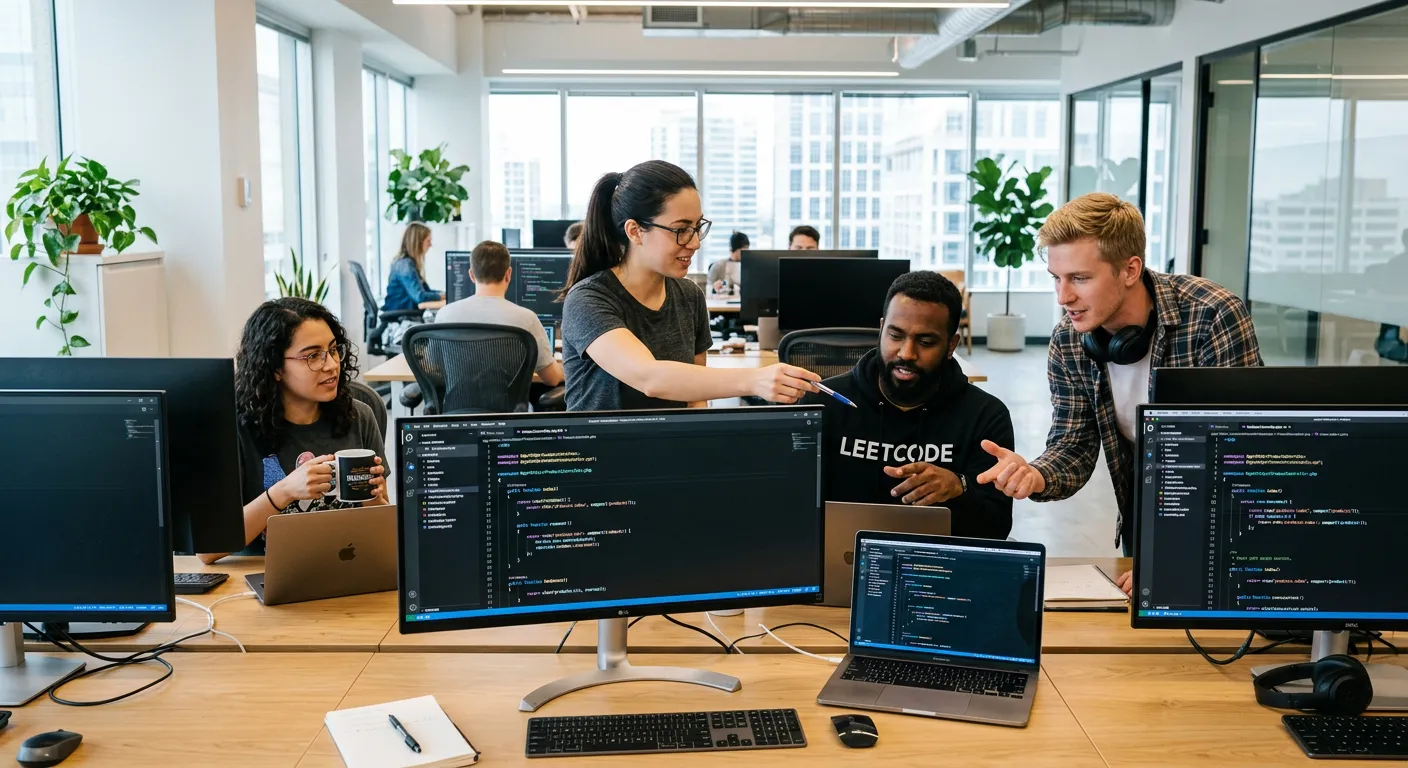 A modern developer team collaborating in a bright, high-tech office environment, reviewing Laravel code on multiple large monitors. Style: Professional, vibrant, and focused. Mood: Collaborative and innovative.