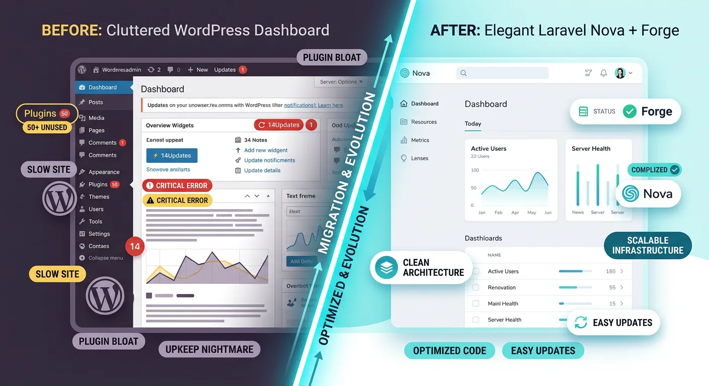 A split-screen visual metaphor showing a cluttered, plugin-heavy WordPress dashboard on the left tra... A split-screen visual metaphor showing a cluttered, plugin-heavy WordPress dashboard on the left transforming into a clean, elegant, and modern Laravel Nova/Forge interface on the right, symbolizing migration and evolution. Style: Modern digital illustration, high contrast, sharp focus.