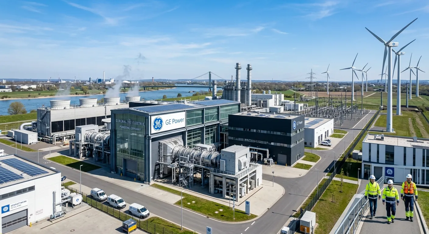 A modern, high-tech shot of a General Electric power plant facility in Germany, showcasing advanced turbines or renewable energy infrastructure under a clear sky. The style is professional, crisp, and conveys technological leadership.