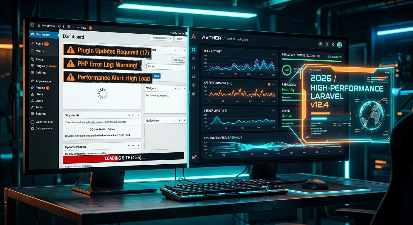 A modern, futuristic digital workspace split-screen. On the left, a cluttered, slow-loading WordPres... A modern, futuristic digital workspace split-screen. On the left, a cluttered, slow-loading WordPress dashboard with warning icons. On the right, a sleek, high-performance Laravel application dashboard with clean graphs, real-time data streams, and a