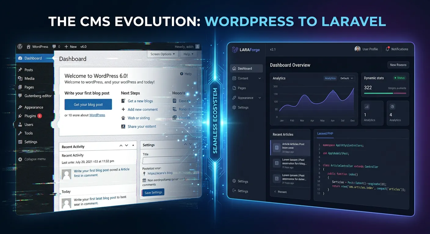 A modern, high-tech split-screen image. The left side shows a familiar WordPress dashboard with a sl... A modern, high-tech split-screen image. The left side shows a familiar WordPress dashboard with a slight 'glitch' effect, and the right side shows a clean, elegant Laravel-based CMS interface with code snippets and sleek UI components. The transition between the two is seamless and futuristic.