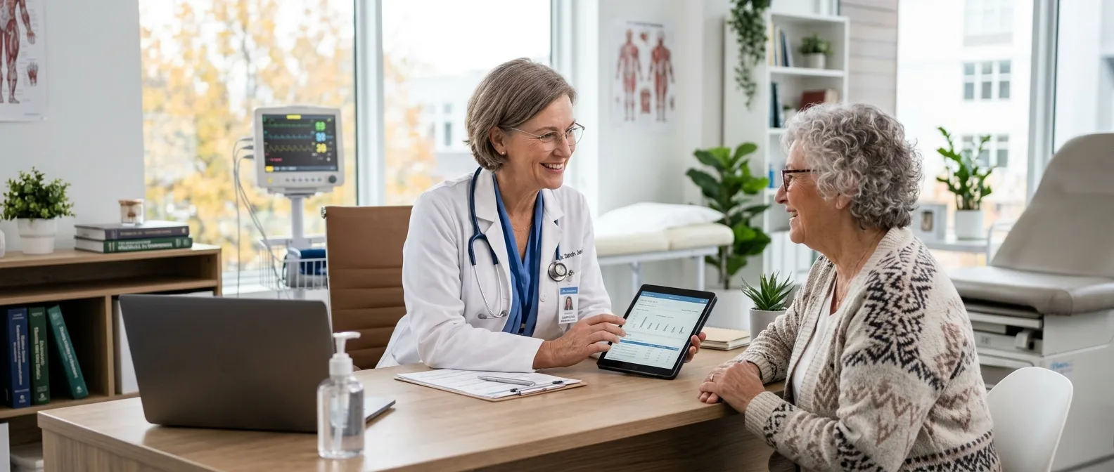 A professional, well-lit photo of a friendly, experienced general doctor in a modern clinic consulti... A professional, well-lit photo of a friendly, experienced general doctor in a modern clinic consulting with a patient, conveying trust and expertise. The style should be warm, authentic, and high-resolution, suitable for a healthcare hero banner.