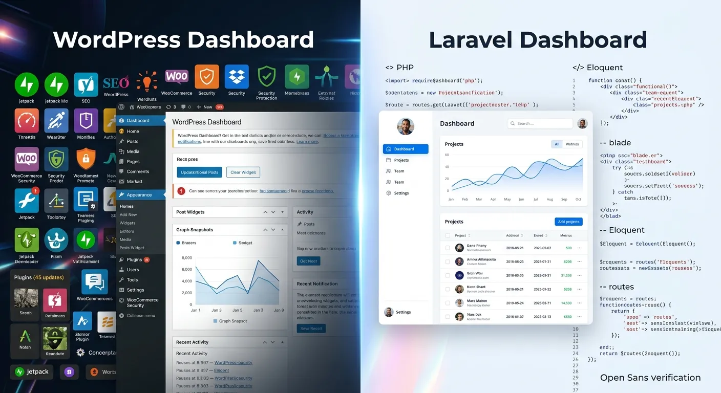 A modern, split-screen hero image. The left side shows a stylized, slightly chaotic WordPress dashboard with many plugin icons. The right side shows a clean, minimalist Laravel application interface with elegant code and a streamlined dashboard. The overall mood is progressive, professional, and technological.
