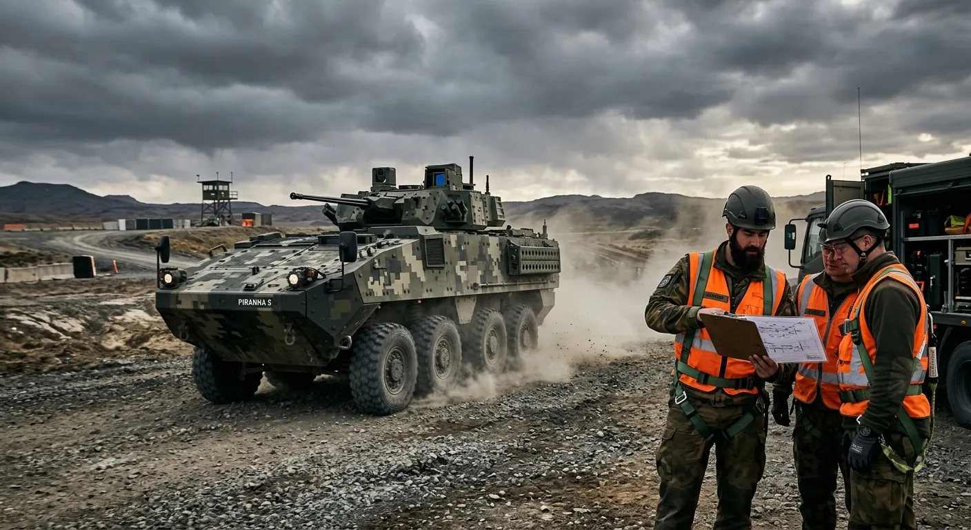 A dynamic, professional shot of a modern armored vehicle, like the Piranha V or ASCOD, on a testing ground, with engineers in high-visibility vests reviewing schematics. Moody, dramatic lighting, sharp focus.