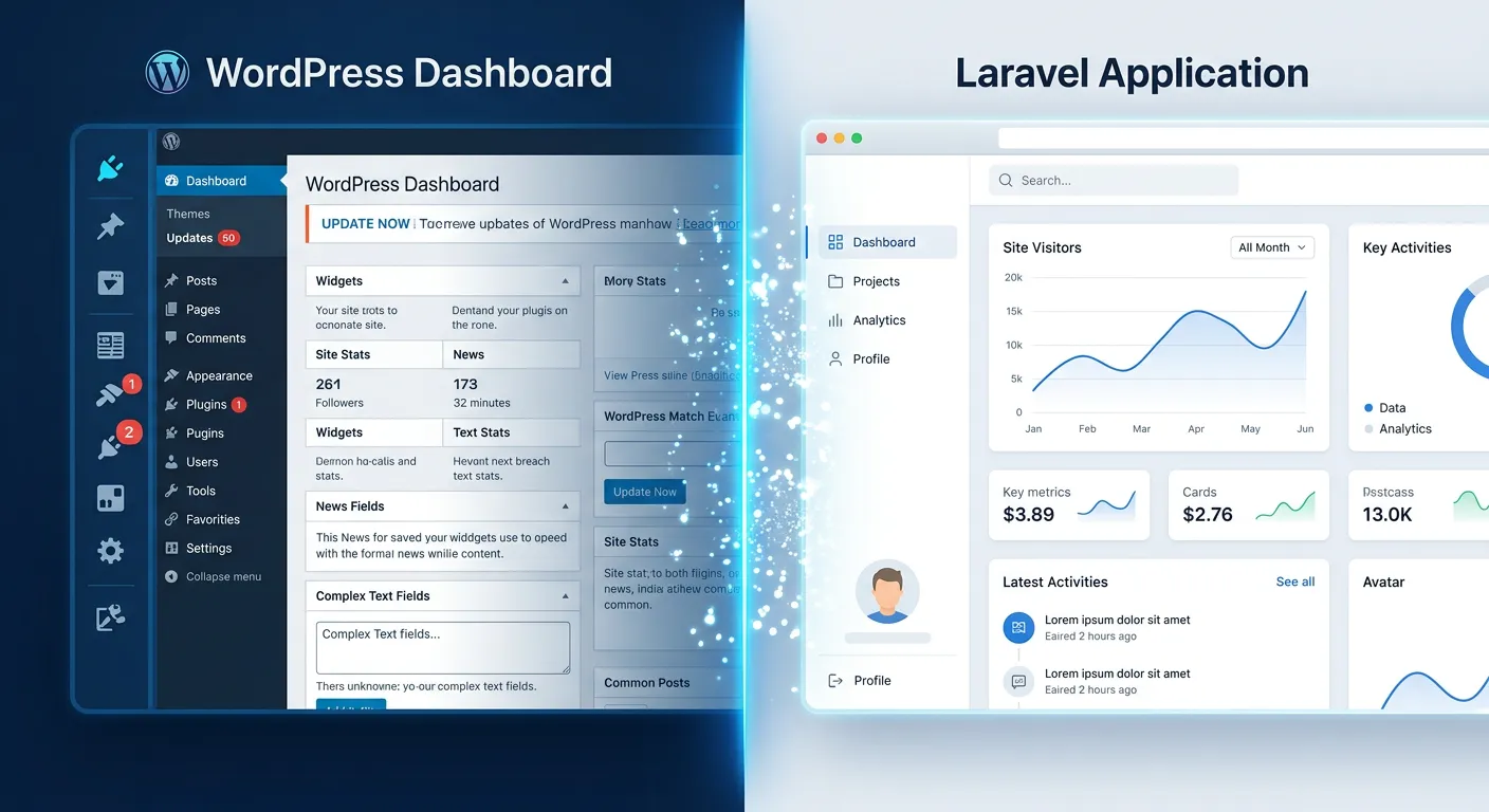 A split-screen hero image showing a cluttered WordPress dashboard on the left transforming into a clean, modern Laravel application interface on the right. The mood is professional, futuristic, and transformative.