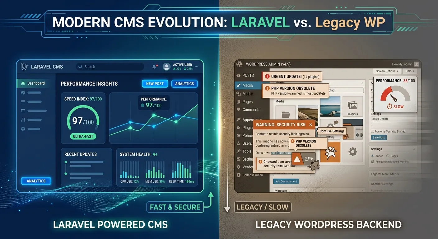A modern, dynamic split-screen graphic. Left side shows a clean, fast Laravel CMS dashboard with per... A modern, dynamic split-screen graphic. Left side shows a clean, fast Laravel CMS dashboard with performance metrics. Right side shows a cluttered, slower WordPress backend fading away. Style is professional tech illustration with glowing accents on the Laravel side.