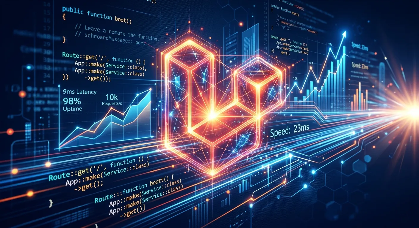 A dynamic, modern hero image showing a glowing, abstract representation of the Laravel logo integrated with code streams and performance graphs on a dark blue background, symbolizing speed and innovation.
