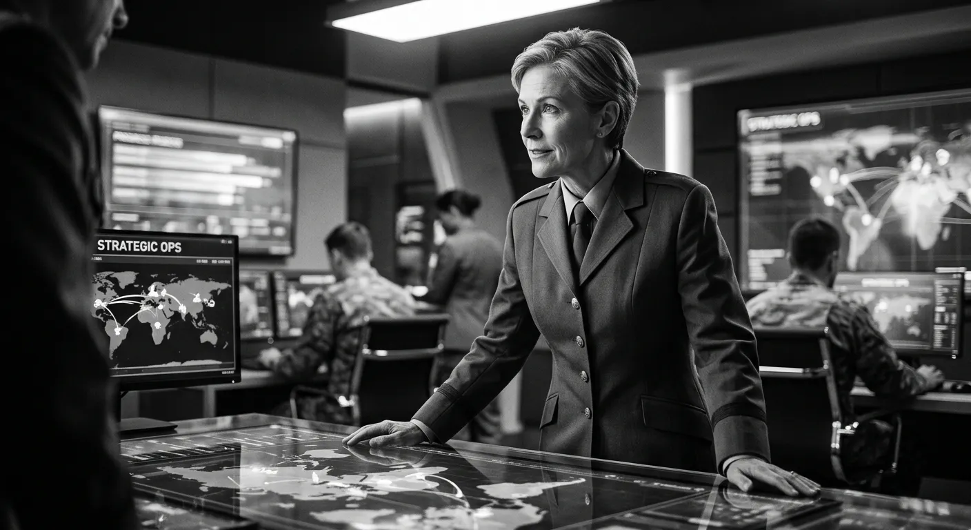 A professional, high-contrast portrait of a military leader in a modern command center, symbolizing... A professional, high-contrast portrait of a military leader in a modern command center, symbolizing strategic decision-making. Mood: authoritative, focused, and forward-thinking.