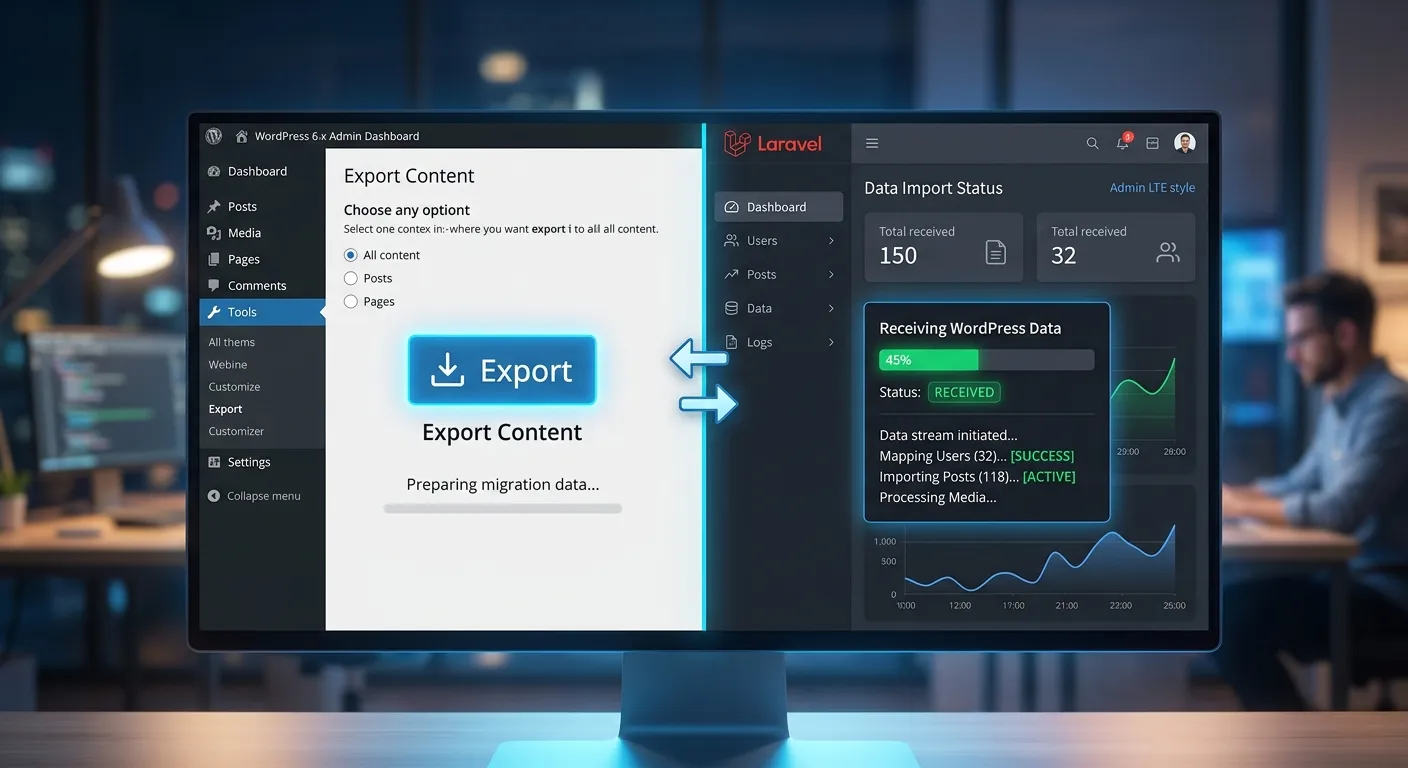 A professional, high-tech dashboard split-screen view showing a clean WordPress admin panel on the left with an export button highlighted, and a structured Laravel dashboard on the right receiving data. The mood is efficient, modern, and seamless.