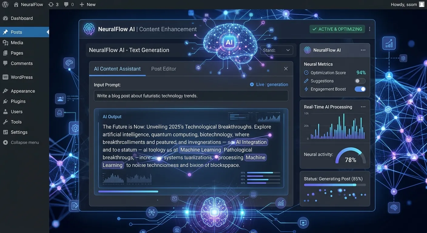 A modern, sleek dashboard interface showing an AI plugin in action within WordPress, with glowing ne... A modern, sleek dashboard interface showing an AI plugin in action within WordPress, with glowing neural network visuals overlaying a dark-themed admin panel. Style: Digital, futuristic, professional. Mood: Innovative and powerful.
