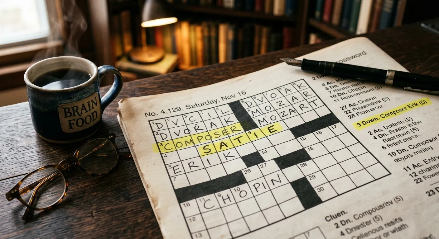 A close-up, artistic shot of a crossword puzzle grid with the clue