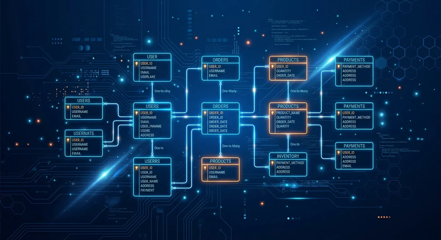 A modern, abstract digital illustration of a database schema with glowing connections and nodes, ove... A modern, abstract digital illustration of a database schema with glowing connections and nodes, overlaid on a dark blue background. Style: futuristic, tech, clean. Mood: professional, powerful, innovative.