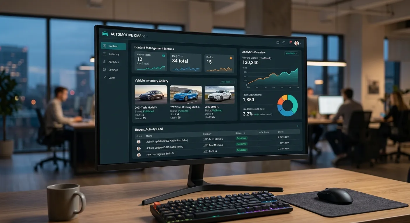 A modern, sleek automotive website dashboard on a large desktop monitor, showing content management metrics, vehicle galleries, and performance analytics. The mood is professional, innovative, and data-driven.