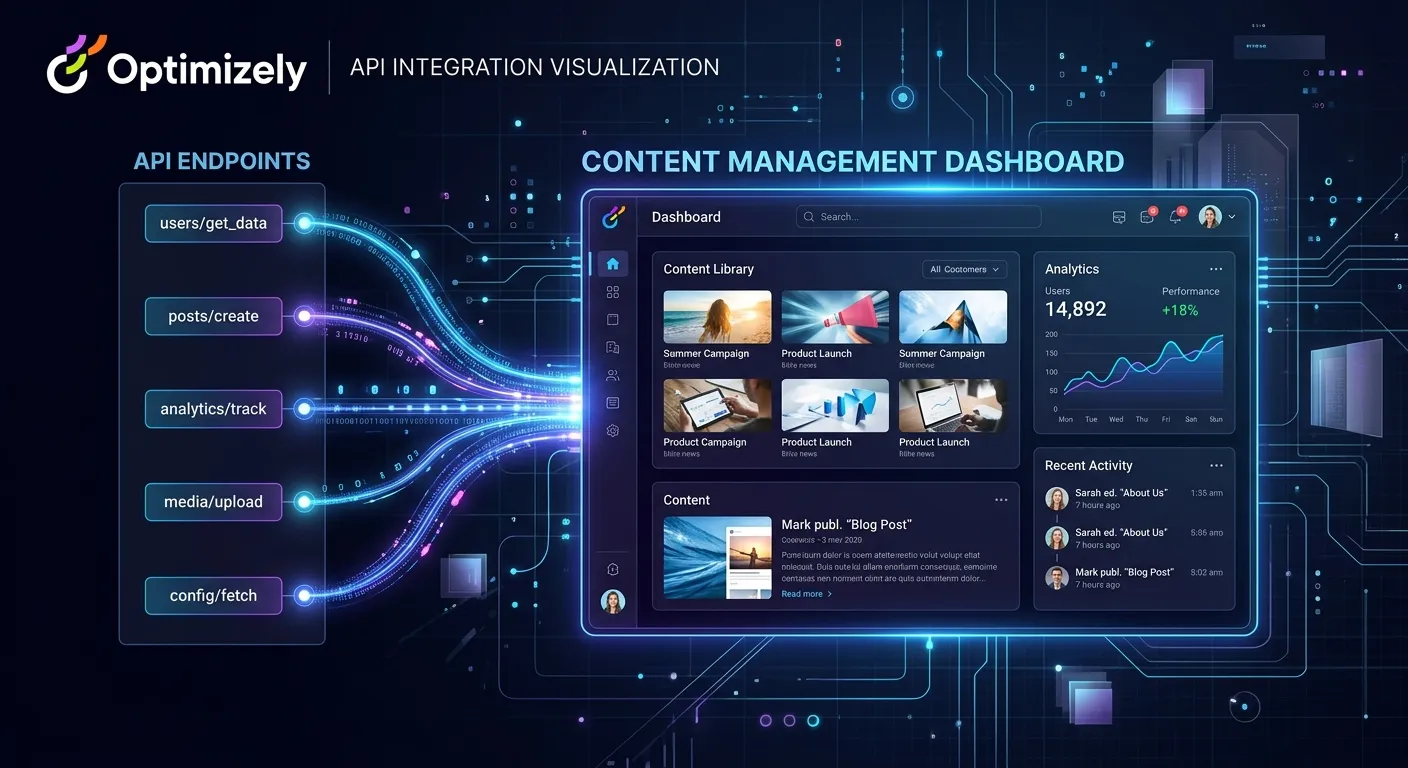 A modern, abstract digital interface visualization showing API endpoints connecting to a vibrant content management dashboard, with flowing data streams and a clean Optimizely logo, dark theme with blue and purple accents