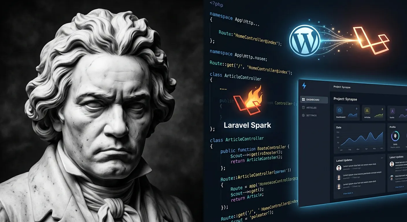 A modern, high-contrast composite image. On the left, a dramatic bust of Beethoven in sharp monochrome. On the right, sleek, glowing lines of code (Laravel/PHP) and a minimalist website interface morphing from a WordPress logo into a Laravel spark. Moody, professional, and tech-inspired.