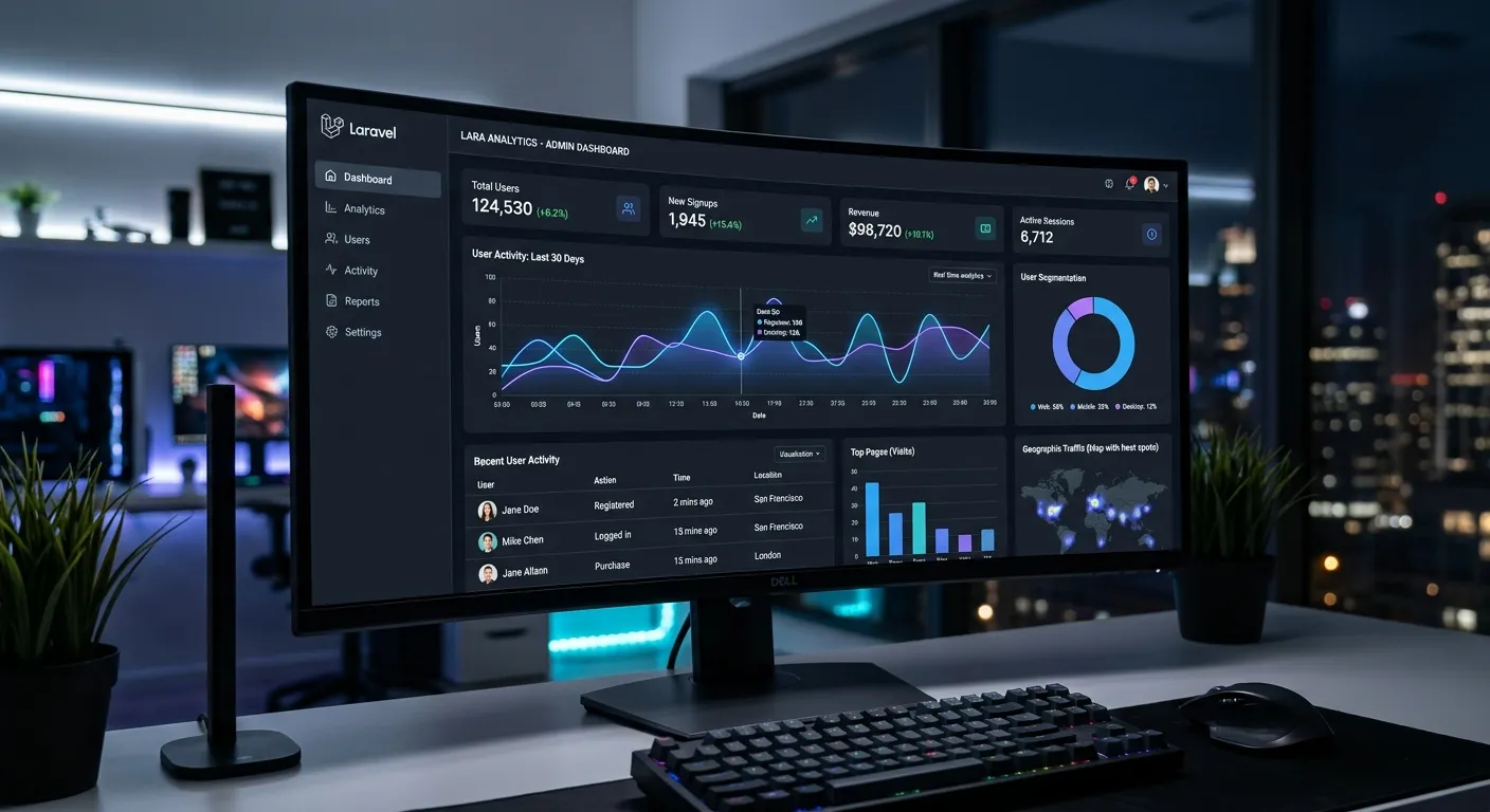 A modern, sleek Laravel admin dashboard on a dark-themed monitor, showing real-time analytics charts, user metrics, and data visualizations. The style is clean, professional, with a focus on UI components like graphs, tables, and cards. Mood: innovative and powerful.