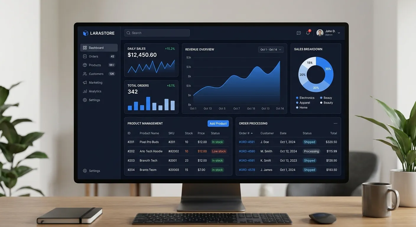 A modern, high-tech dashboard interface of a Laravel ecommerce CMS, showing analytics graphs, product management, and order processing modules. The style is sleek and professional with a dark blue and white color scheme, conveying power and efficiency.