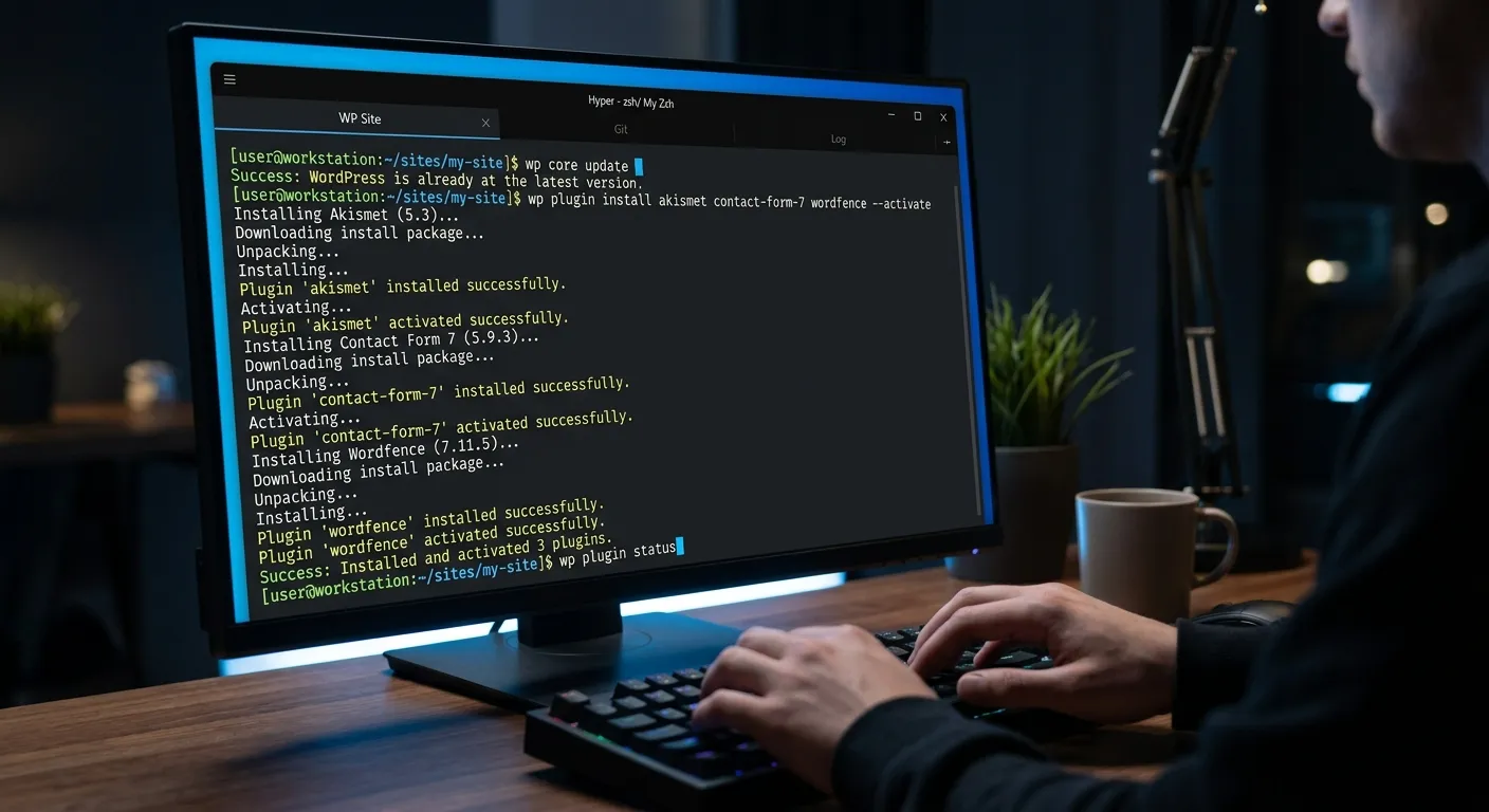 A modern, sleek command-line interface terminal with a dark theme, showing WordPress CLI commands li... A modern, sleek command-line interface terminal with a dark theme, showing WordPress CLI commands like 'wp core update' and 'wp plugin install' executing. The screen glows with a subtle blue light, symbolizing power and efficiency. Style: Digital, clean, technical.