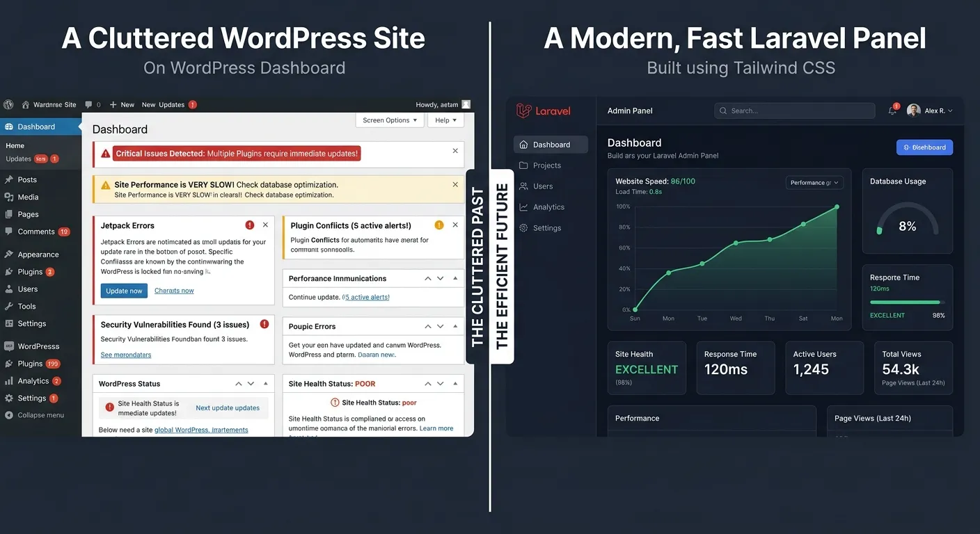 A split-screen graphic showing a cluttered WordPress dashboard with many warning icons on the left, and a clean, modern Laravel admin panel with performance graphs on the right.