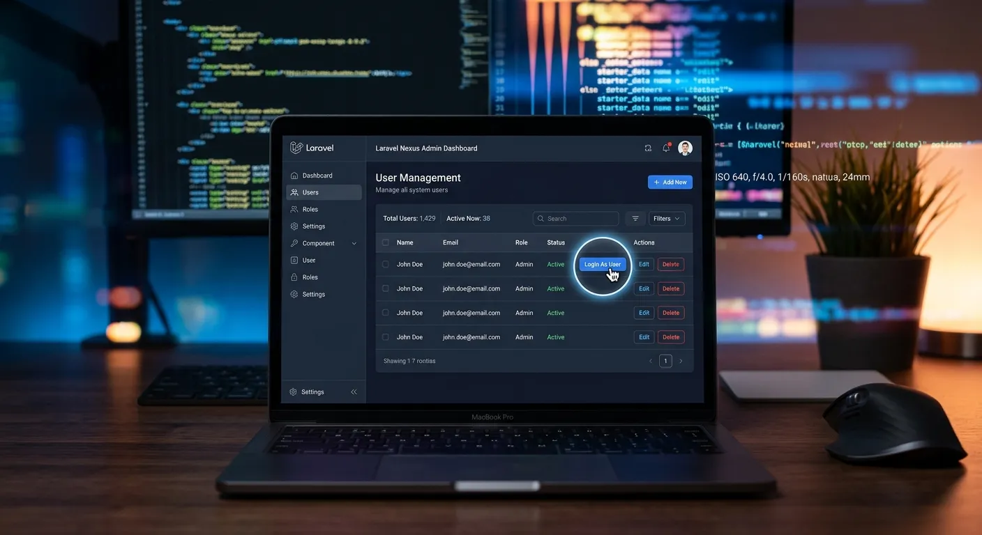A modern, sleek dashboard interface showing a Laravel application admin panel with a 'Login As User' button in focus. The mood is professional, secure, and tech-forward, with blurred background elements suggesting complex code and data flow.