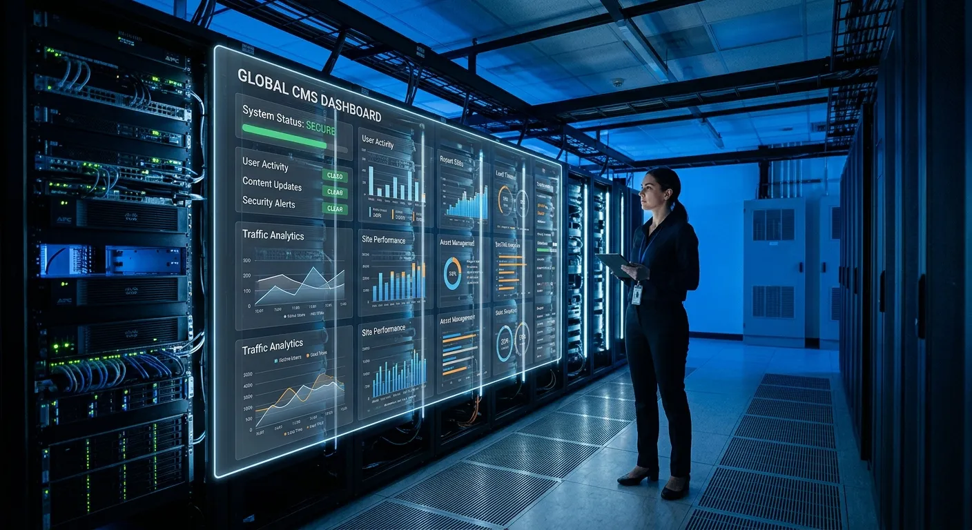 A modern, professional image depicting a secure server room or data center with a sleek, futuristic interface overlay showing a CMS dashboard. Moody blue lighting, sharp focus, conveying security and advanced technology.