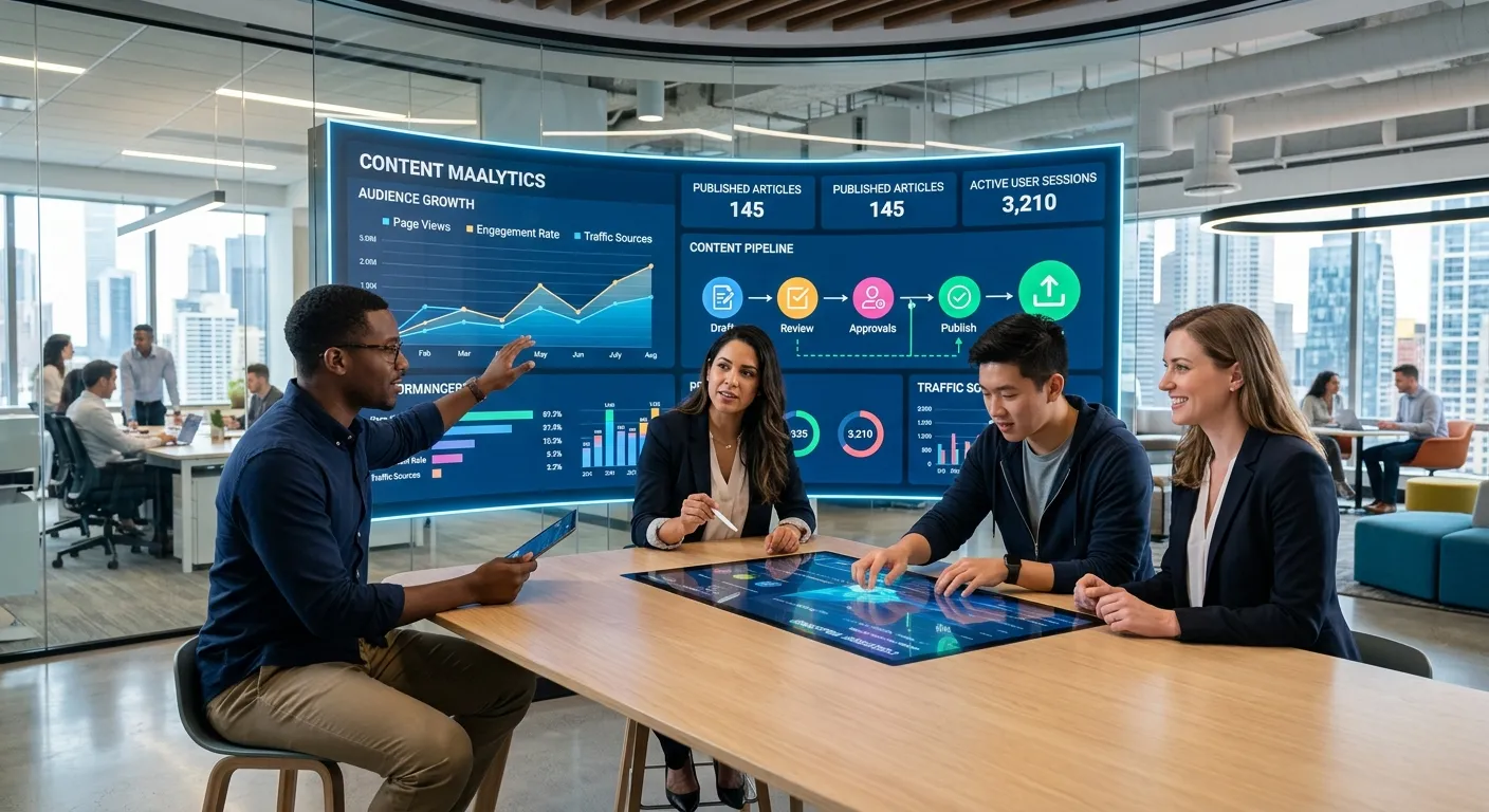 A modern, aspirational hero image showing a diverse group of professionals collaboratively working o... A modern, aspirational hero image showing a diverse group of professionals collaboratively working on a large, sleek digital dashboard displaying CMS analytics and content workflows. The style is bright, futuristic, and focused on technology and learning.