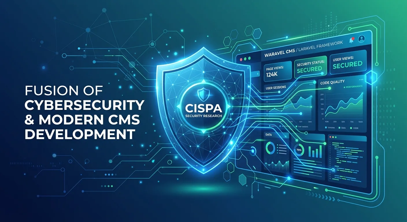 A modern, abstract illustration showing a shield icon representing cybersecurity (CISPA research) merging with a web development dashboard (Laravel/Waravel CMS), symbolizing the fusion of security and modern CMS development. Style: Clean, corporate, vector art with a blue and green color palette.