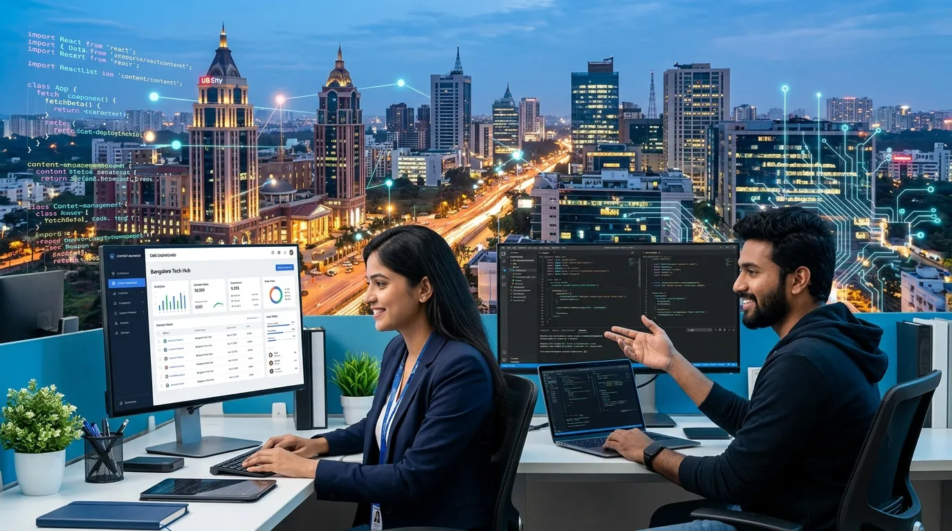 A dynamic, professional hero image showing a vibrant, modern Bangalore cityscape blending with digit... A dynamic, professional hero image showing a vibrant, modern Bangalore cityscape blending with digital code and a sleek CMS dashboard interface on multiple screens, symbolizing the fusion of tech talent and content management.