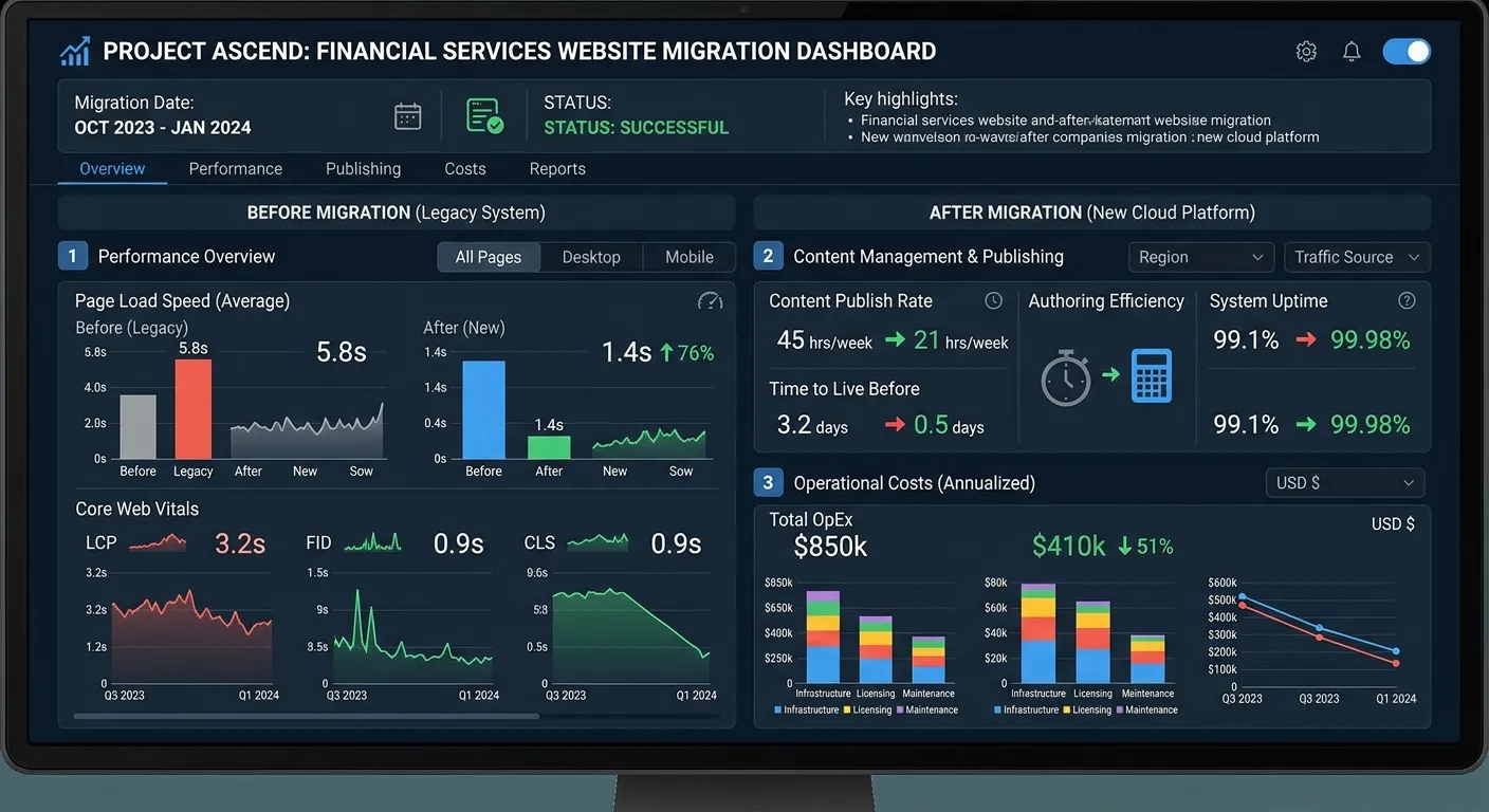 An interactive before-and-after dashboard comparison showing key metrics like page load speed, conte... An interactive before-and-after dashboard comparison showing key metrics like page load speed, content publish rate, and operational costs for a financial services website migration project.