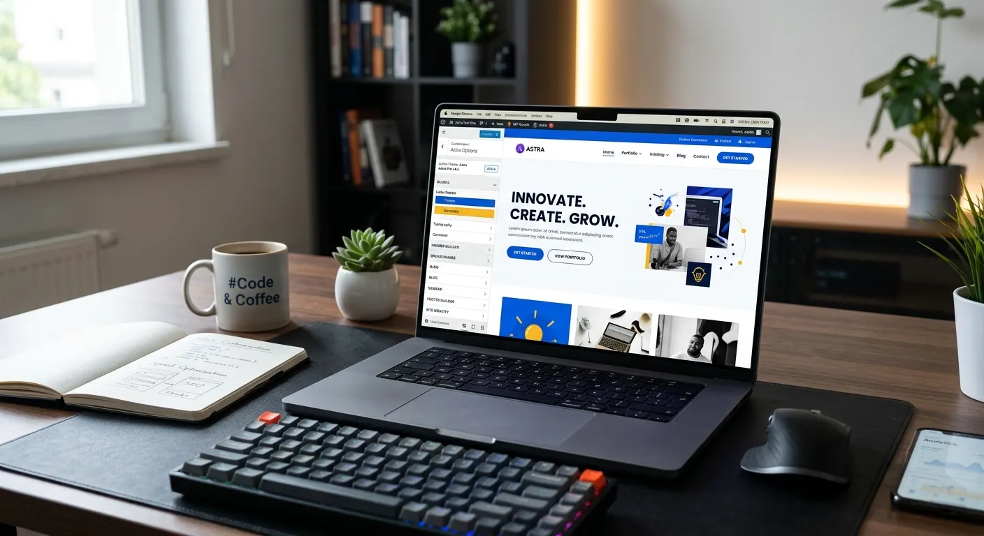 A modern, high-contrast digital workspace showing a laptop with the WordPress Astra Theme customizer open, featuring a sleek website design. The mood is professional, innovative, and clean, with a focus on speed and customization.