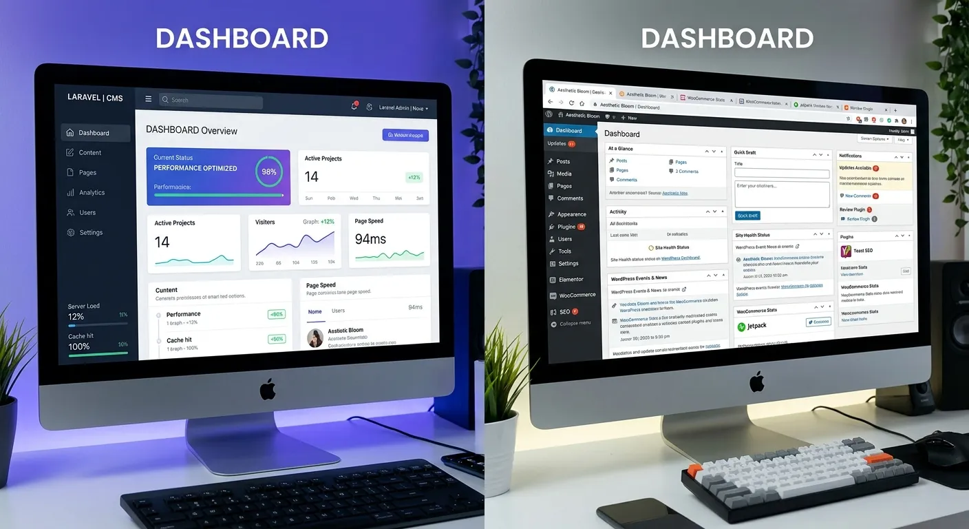 A split-screen image showing a clean, modern Laravel CMS admin panel on the left and a cluttered WordPress dashboard on the right. The style is sleek, professional, and futuristic, with a focus on UI clarity and performance metrics.