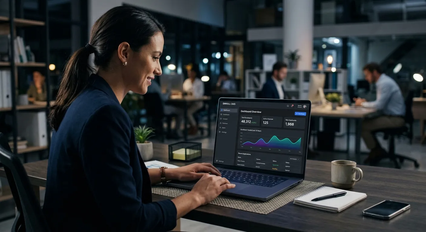A professional, high-contrast image showing a sleek dashboard interface on a modern laptop, symboliz... A professional, high-contrast image showing a sleek dashboard interface on a modern laptop, symbolizing CMS administration and enrollment. The mood is efficient, digital, and authoritative, with a dark theme to complement the hero section.