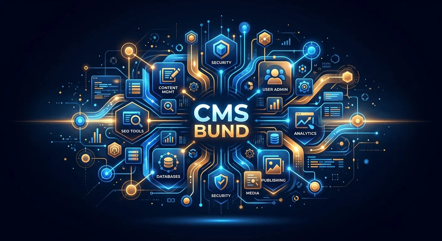 A modern, abstract digital illustration representing a software bundle. Show interconnected nodes an... A modern, abstract digital illustration representing a software bundle. Show interconnected nodes and modules in shades of blue and amber against a dark background, symbolizing a cohesive package of tools like Cms Bund.