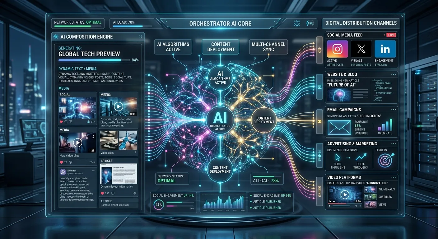 A futuristic, high-tech dashboard interface showing AI algorithms composing and orchestrating digital content across multiple channels, with glowing neural network visuals. Style: Modern, clean, cybernetic. Mood: Innovative, powerful, intelligent.