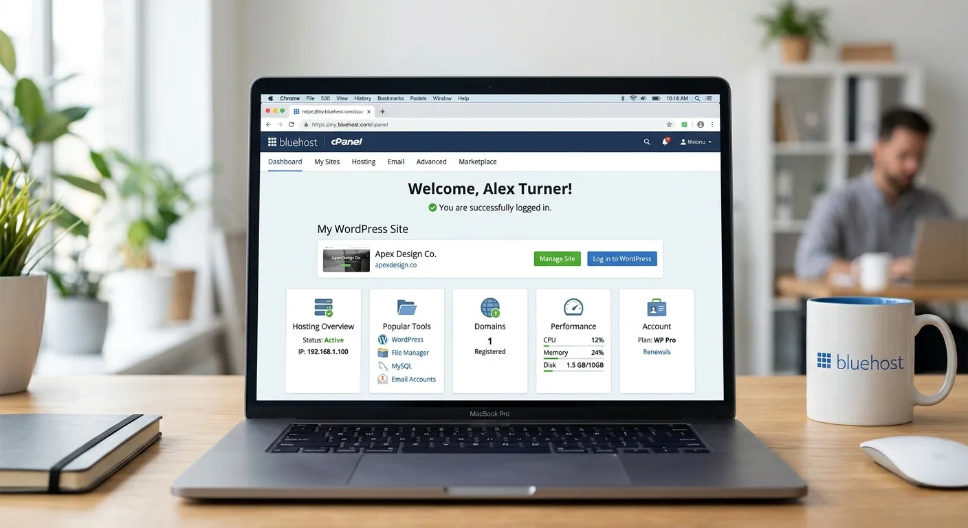 A modern, professional dashboard interface showing a successful WordPress login on a Bluehost cPanel. The screen is clean, with clear icons and a