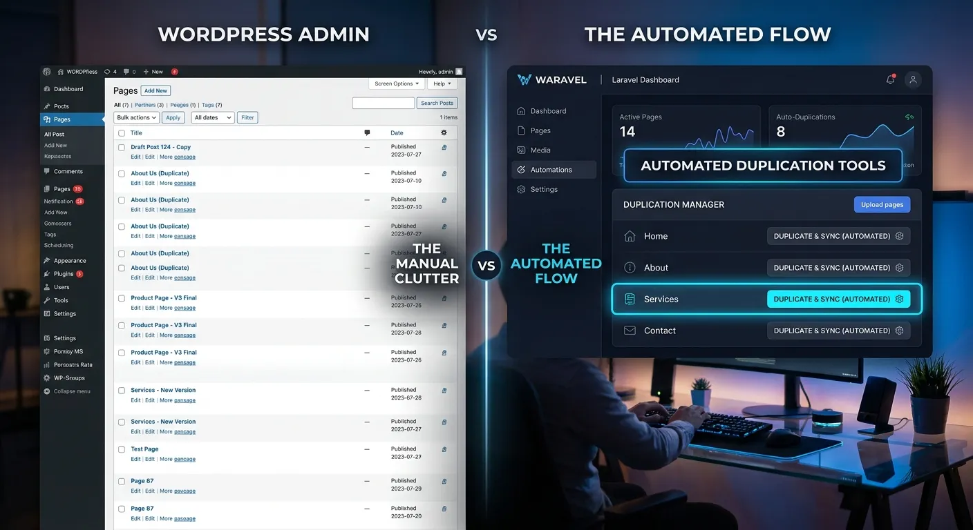 A modern, high-contrast hero image showing a split-screen interface. On the left, a cluttered WordPress admin panel with multiple similar pages. On the right, a clean, organized Waravel/Laravel dashboard with automated duplication tools highlighted. Moody, professional lighting with a focus on efficiency.